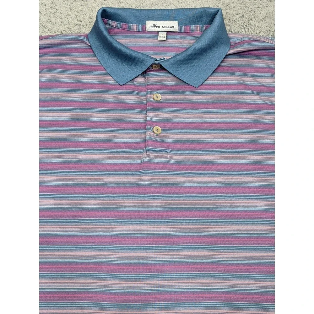 Peter Millar Performance Polo Golf Shirt Blue Pink Stripe Mens Large 100% Cotton